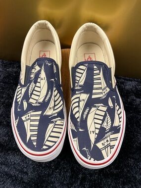 Vans Slip-On Sneakers Navy and Cream Sailboat Print